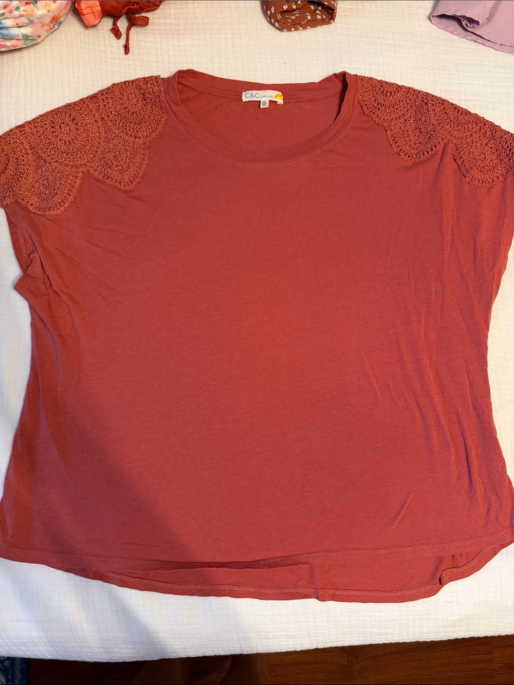 C&C California Short Sleeve Tee with Crochet Shoulders in Dusty Rose